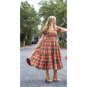 NWT Love + Grow Midi Dress XS Tiered Smocked Puff Sleeve Fall Plaid Peasant Boho